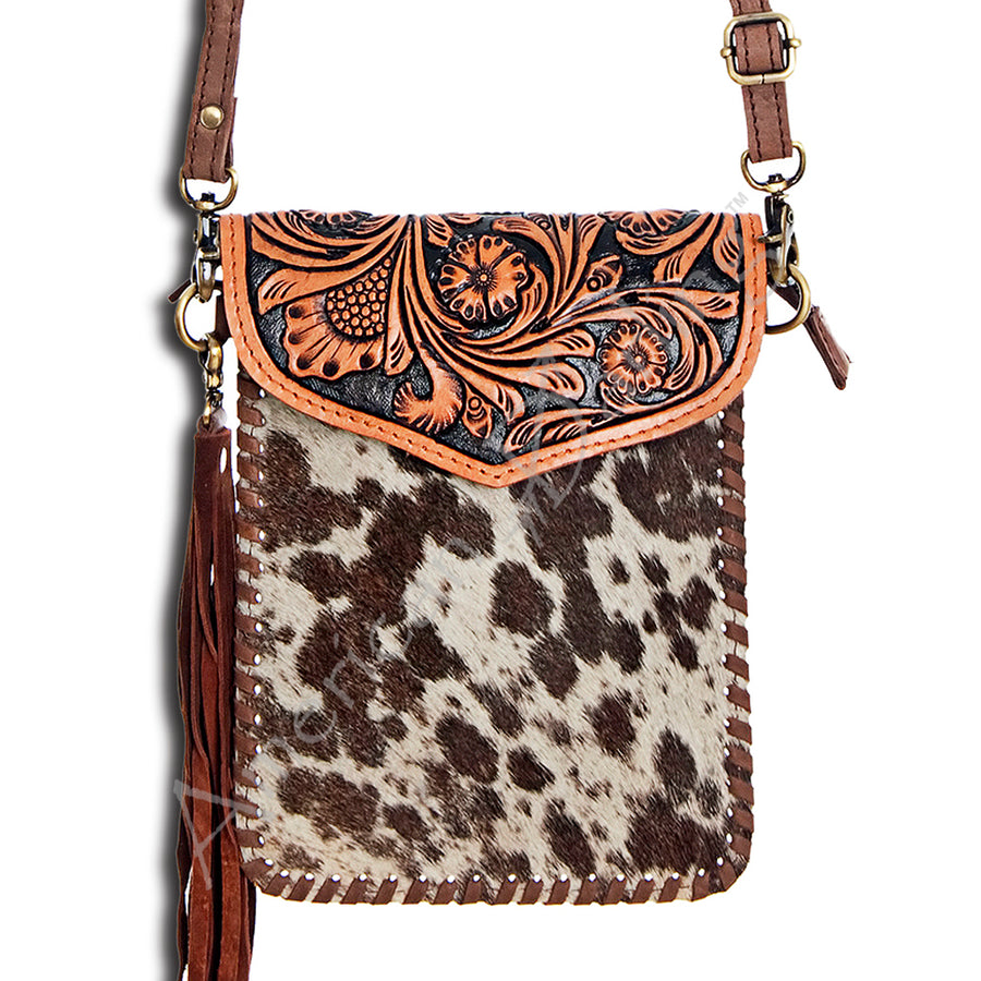 American Darling Hand Tooled Floral and Cowhide Leather Messenger Bag with Fringes - Uhorse