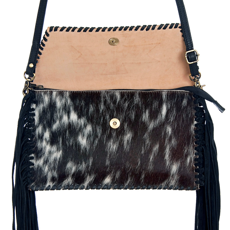 American Darling Western Envelope Bag, Hand Tooled Floral Leather & Hair-On Cowhide Crossbody with Fringes, 7in (H) X 12in (W)