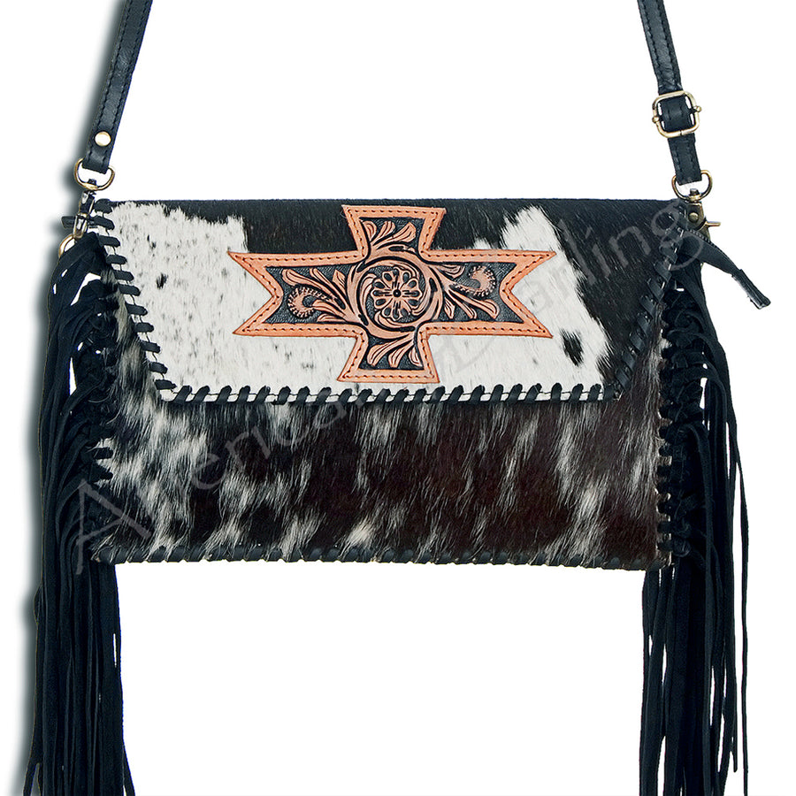 American Darling Hand Tooled Floral and Hair-On Cowhide Leather Envelope with Fringes - Uhorse