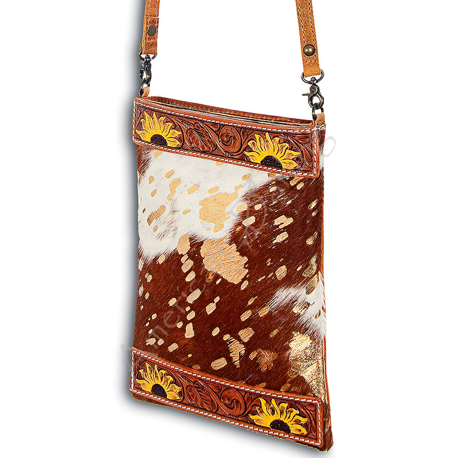 American Darling Cross body Bag Handcrafted from Hand Tooled Sunflower Leather & Hair-On Cowhide with YKK Zipper