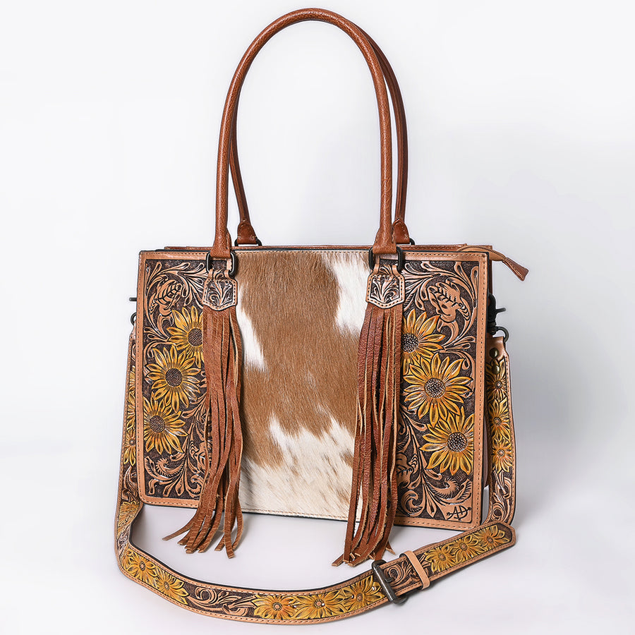 American Darling Western Tote Bag - Handcrafted Hair-On Cowhide and Hand Tooled Leather - Uhorse