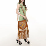 American Darling Messenger Bag, Hand Tooled Floral Leather, Hair-On Cowhide with Fringes, Western Crossbody Travel Purse