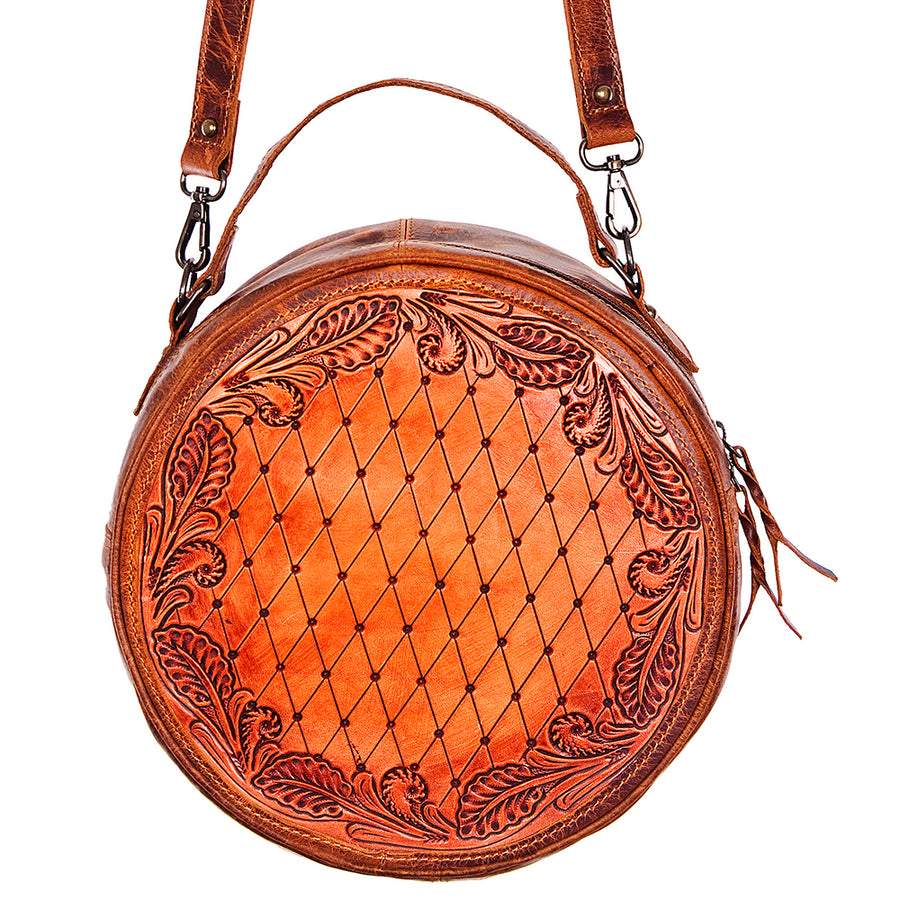 American Darling Canteen Bag Handcrafted from Hand Tooled Floral Leather and Full Grain Leather with YKK Zipper