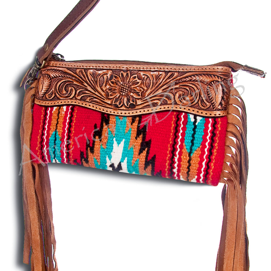 American Darling Clutch Hand Tooled Saddle Blanket Fabric Genuine Leather Western Women Bag Handbag Purse | Purses - Uhorse