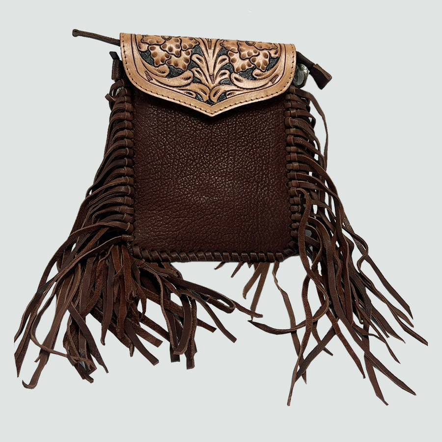 Brown leather fringe crossbody bag with tooled flap - Uhorse