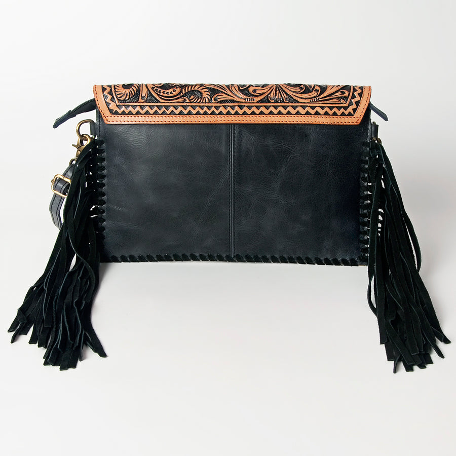 American Darling Western Envelope Bag, Hand Tooled Floral Leather & Hair-On Cowhide Crossbody with Fringes, 7in (H) X 12in (W)
