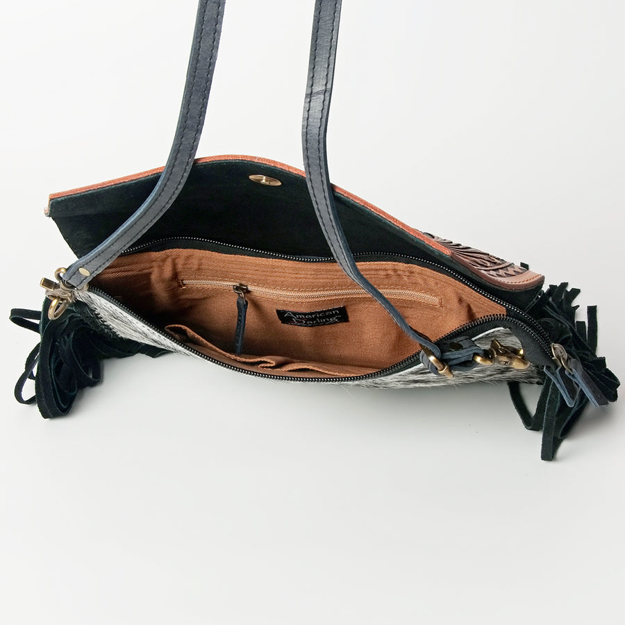 American Darling Western Envelope Bag, Hand Tooled Floral Leather & Hair-On Cowhide Crossbody with Fringes, 7in (H) X 12in (W)