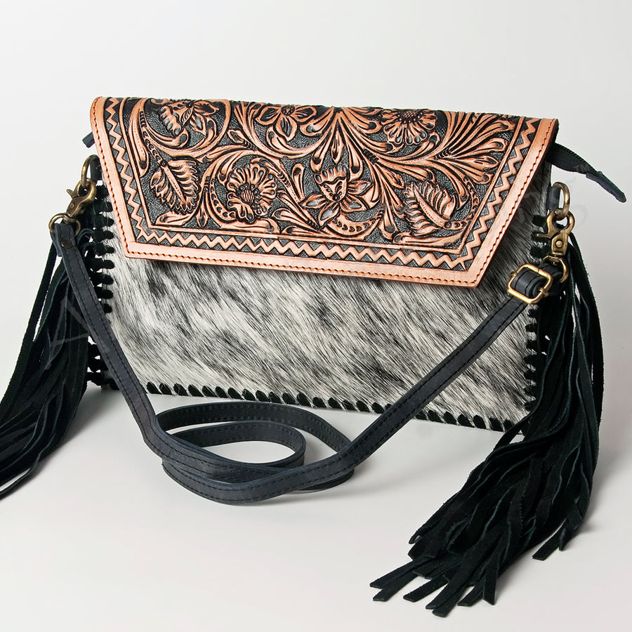 American Darling Hand Tooled Floral and Hair-On Cowhide Leather Envelope with Fringes - Uhorse