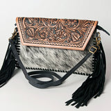 American Darling Hand Tooled Floral and Hair-On Cowhide Leather Envelope with Fringes - Uhorse