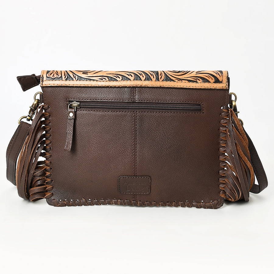 American Darling Western Envelope Crossbody, Hand Tooled Floral Leather & Hair-On Cowhide with Fringes, 8in (H) X 11in (W)