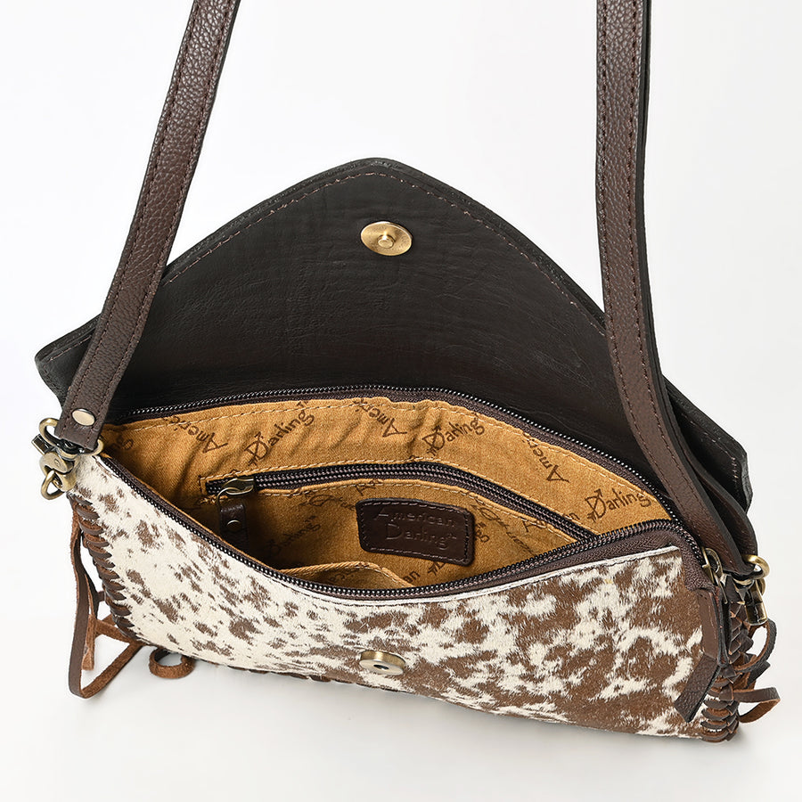 American Darling Western Envelope Crossbody, Hand Tooled Floral Leather & Hair-On Cowhide with Fringes, 8in (H) X 11in (W)