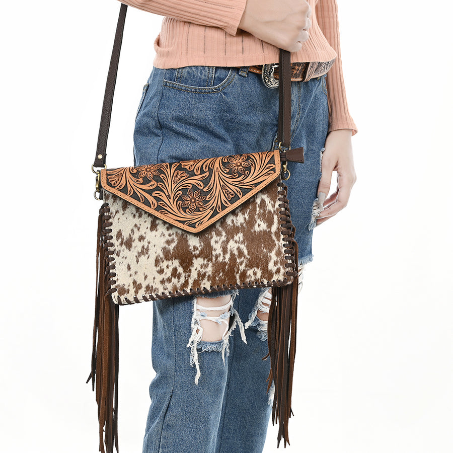 American Darling Western Envelope Crossbody, Hand Tooled Floral Leather & Hair-On Cowhide with Fringes, 8in (H) X 11in (W)