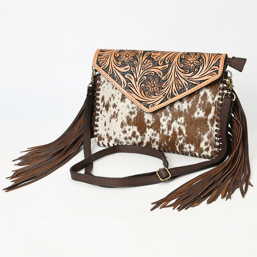 American Darling Hand Tooled Floral and Hair-On Cowhide Leather Envelope with Fringes - Uhorse