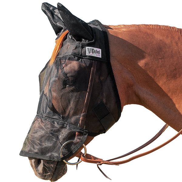 Black mesh horse fly mask with ear covers and leather halter attachment - Uhorse
