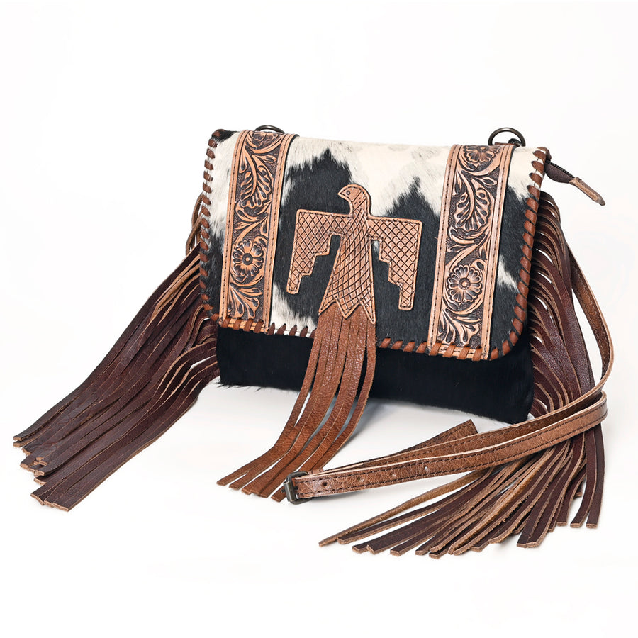 American Darling Hand Tooled Floral and Hair-On Cowhide Fringed Western Envelop Bag - Uhorse