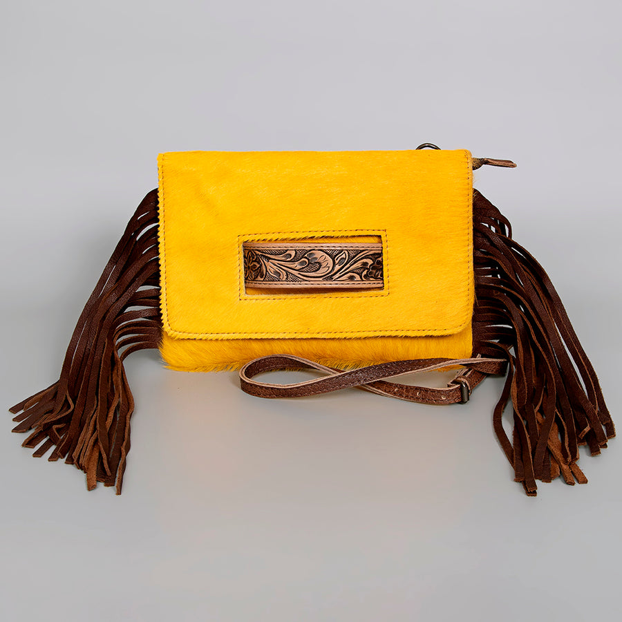 American Darling Small Cross body Bag, Hair-On Cowhide & Hand Tooled Floral Leather, Fringes, Vegetable Tanned Genuine Leather