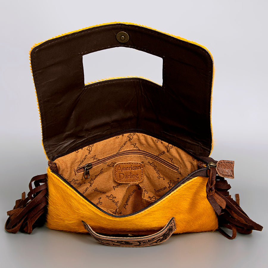 American Darling Small Cross body Bag, Hair-On Cowhide & Hand Tooled Floral Leather, Fringes, Vegetable Tanned Genuine Leather