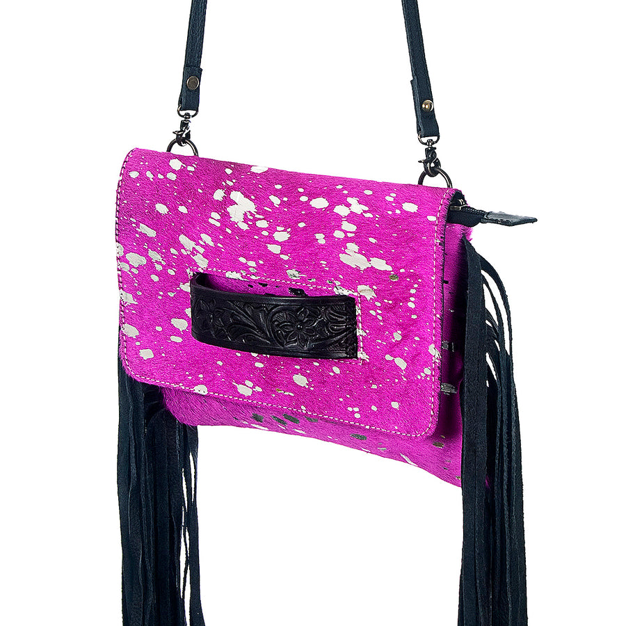 American Darling Small Cross body Bag, Hair-On Cowhide & Hand Tooled Floral Leather, Fringes, Vegetable Tanned Genuine Leather
