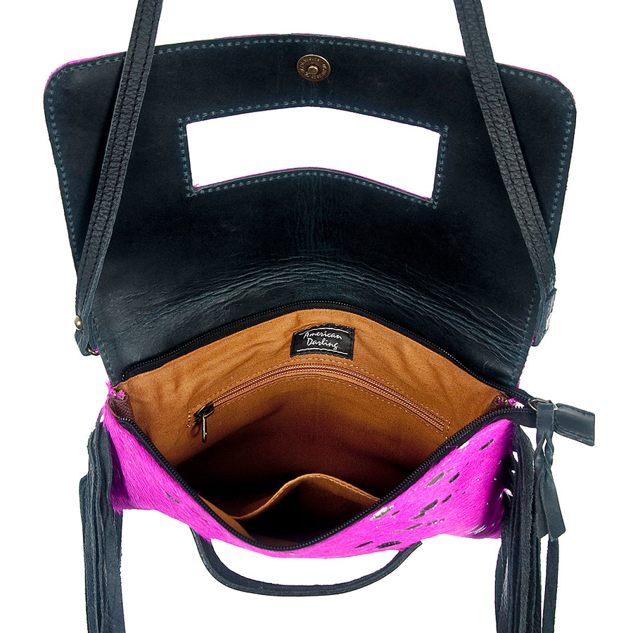 American Darling Small Cross body Bag, Hair-On Cowhide & Hand Tooled Floral Leather, Fringes, Vegetable Tanned Genuine Leather