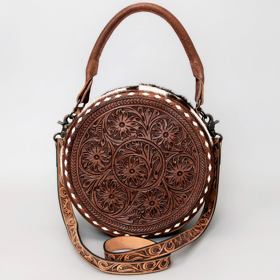 American Darling Canteen Bag Hand Tooled Floral Carved Leather Hair-On Cowhide Buckstitched Vegetable Tanned Genuine Leather