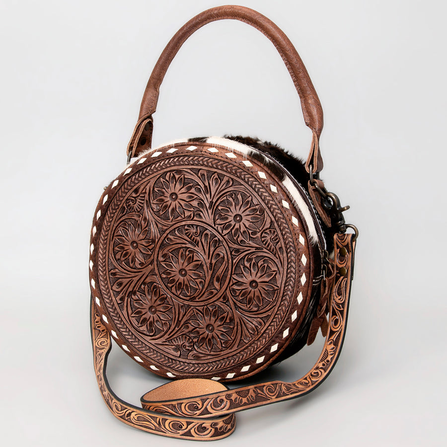 American Darling Canteen Bag - Hand Tooled Floral Leather and Hair-On Cowhide Western Purse - Uhorse