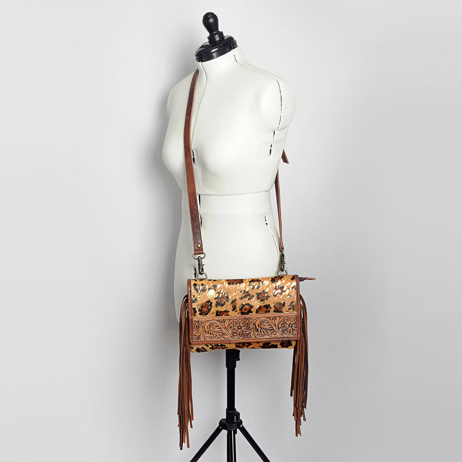 American Darling Small Cross Body Bag, Hand Tooled Floral Carved Leather with Hair-On Cowhide and Fringes, Genuine Leather