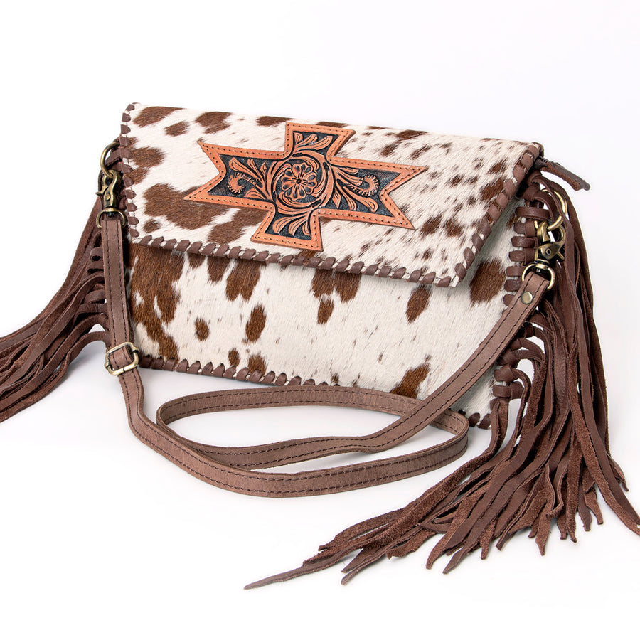 American Darling Hand Tooled Floral and Hair-On Cowhide Leather Envelope with Fringes - Uhorse