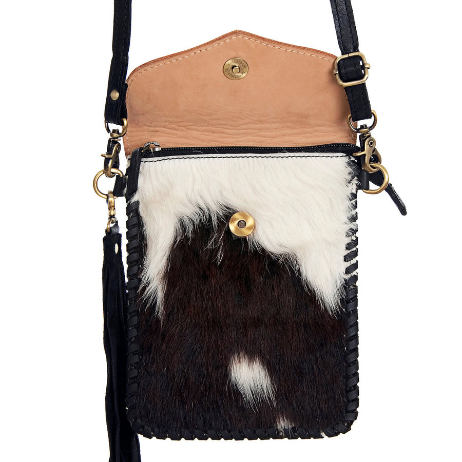 American Darling Cross body Bag, Hand Tooled Floral Carved Leather & Hair-On Cowhide with Tassels, 8in (H) X 6in (W)