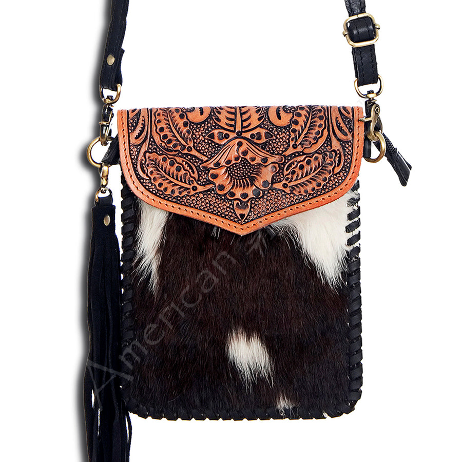 American Darling Hand Tooled Floral and Hair-On Cowhide Cross body Bag with Tassels - Uhorse
