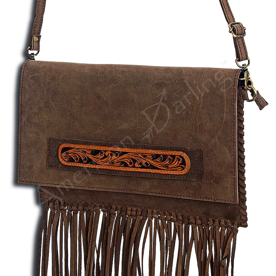 American Darling Western Envelope Bag, Hand Tooled Genuine Leather Crossbody with Fringes, 8in (H) X 14in (W)