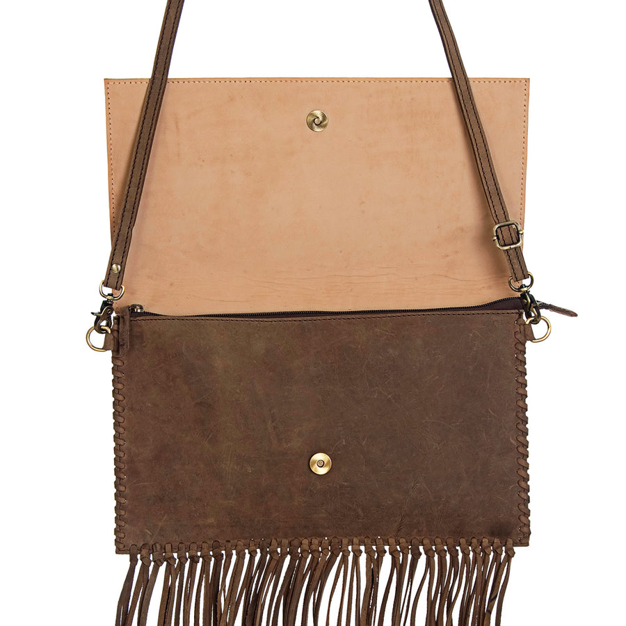 American Darling Western Envelope Bag, Hand Tooled Genuine Leather Crossbody with Fringes, 8in (H) X 14in (W)
