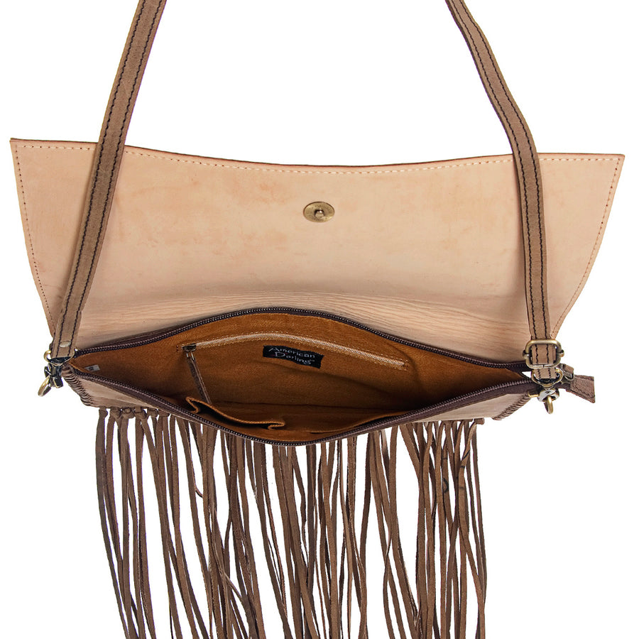 American Darling Western Envelope Bag, Hand Tooled Genuine Leather Crossbody with Fringes, 8in (H) X 14in (W)