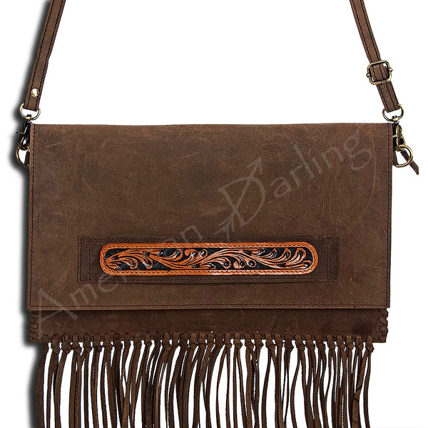 American Darling Hand Tooled Leather Envelope Crossbody with Fringes - Uhorse