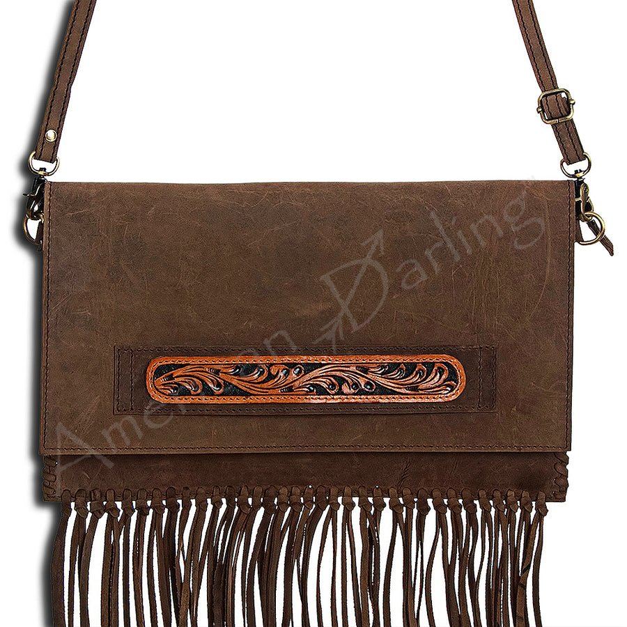 American Darling Hand Tooled Leather Envelope Crossbody with Fringes - Uhorse