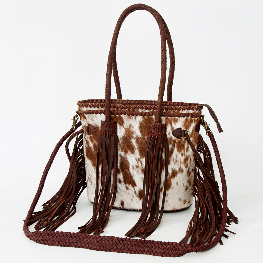 American Darling Hair-On Cowhide Tote Bag with Fringes and Braided Handles - Uhorse