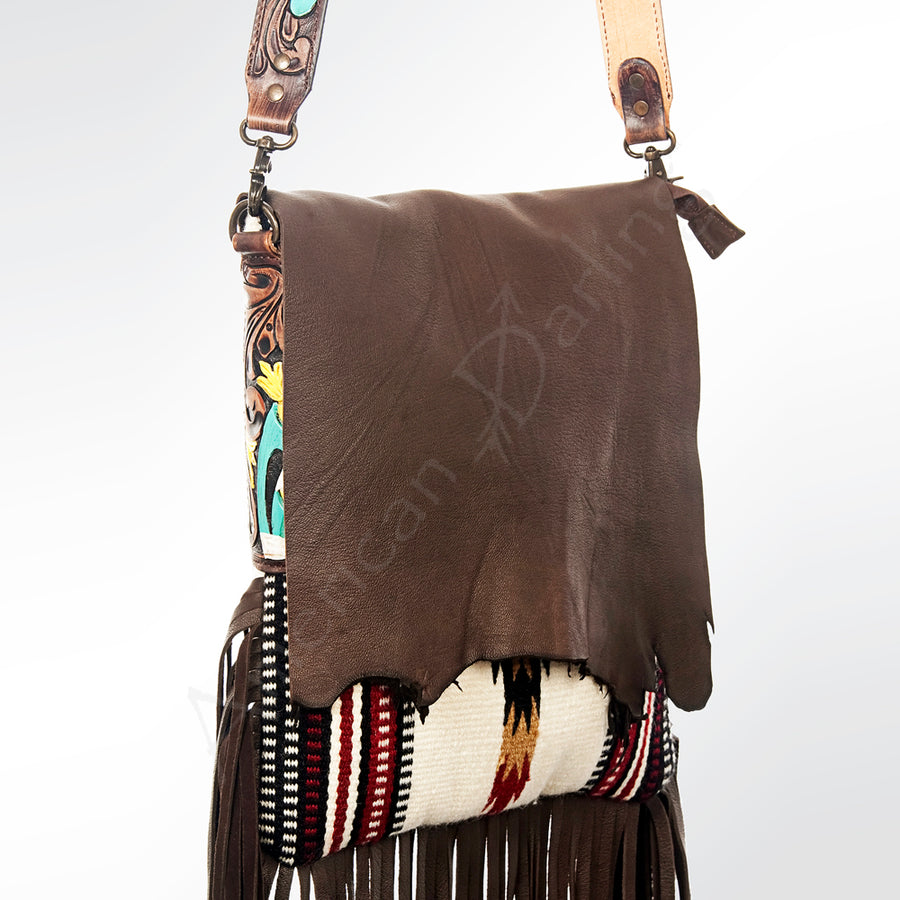 Brown leather crossbody bag with fringe and striped textile detail - Uhorse