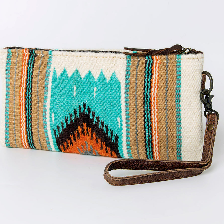 American Darling Western Leather Wristlet Bag with Hand Woven Saddle Blanket and Tooled Accents - Uhorse