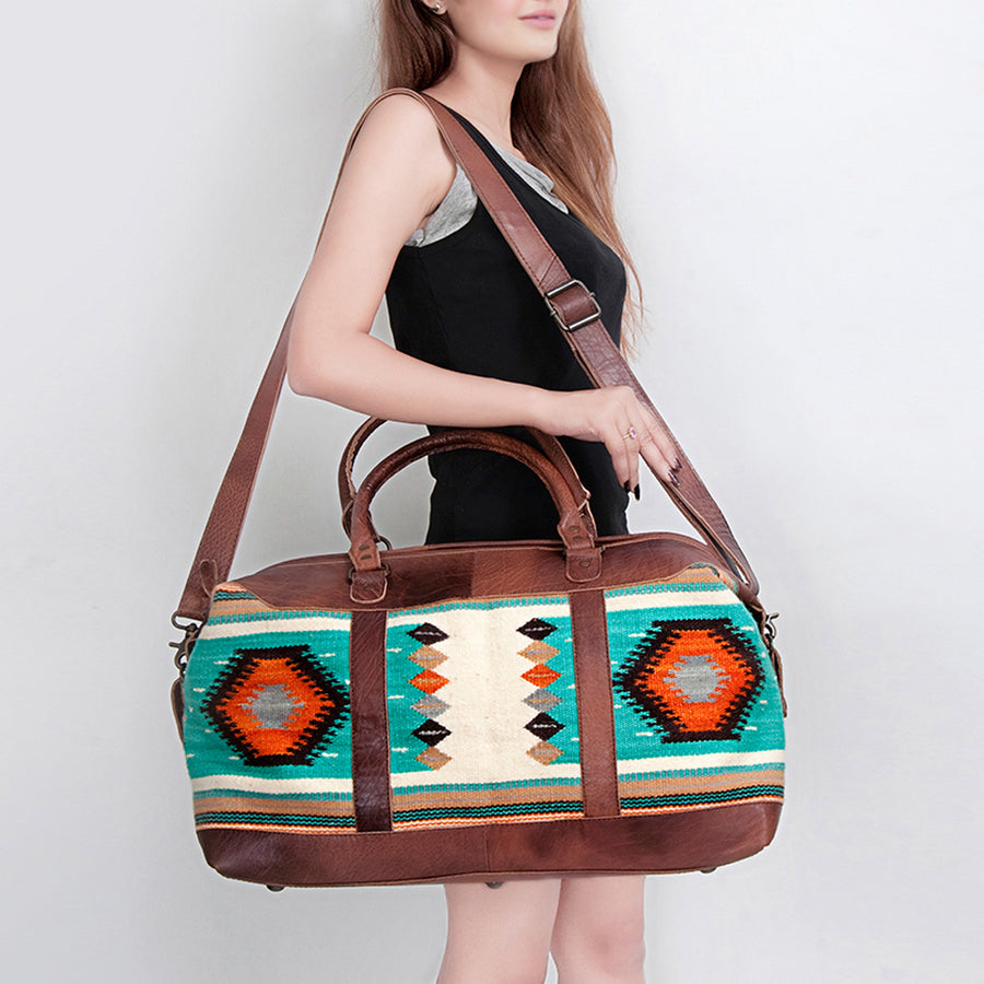 American Darling Duffel Bag Handcrafted from Hand Woven Saddle Blanket and Genuine Leather with YKK Zipper and Large Capacity