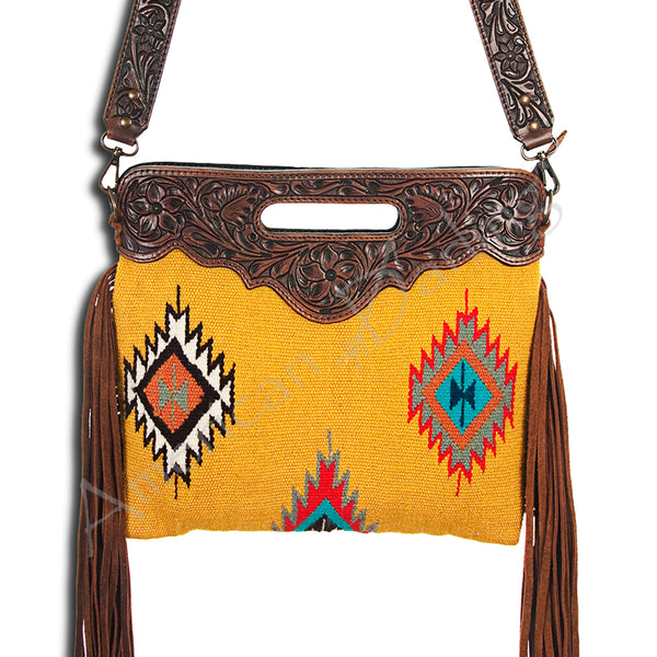 American Darling Hand Tooled Floral and Hand Woven Saddle Blanket Western Clutch Bag - Uhorse
