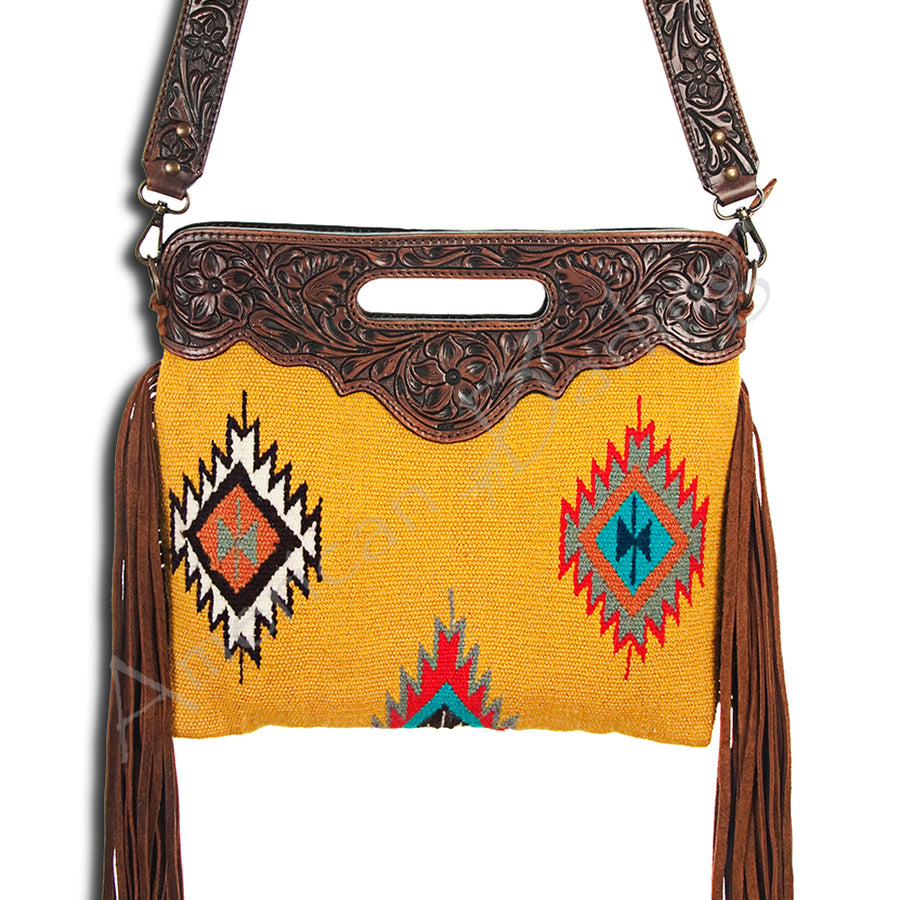 American Darling Hand Tooled Floral and Hand Woven Saddle Blanket Western Clutch Bag - Uhorse
