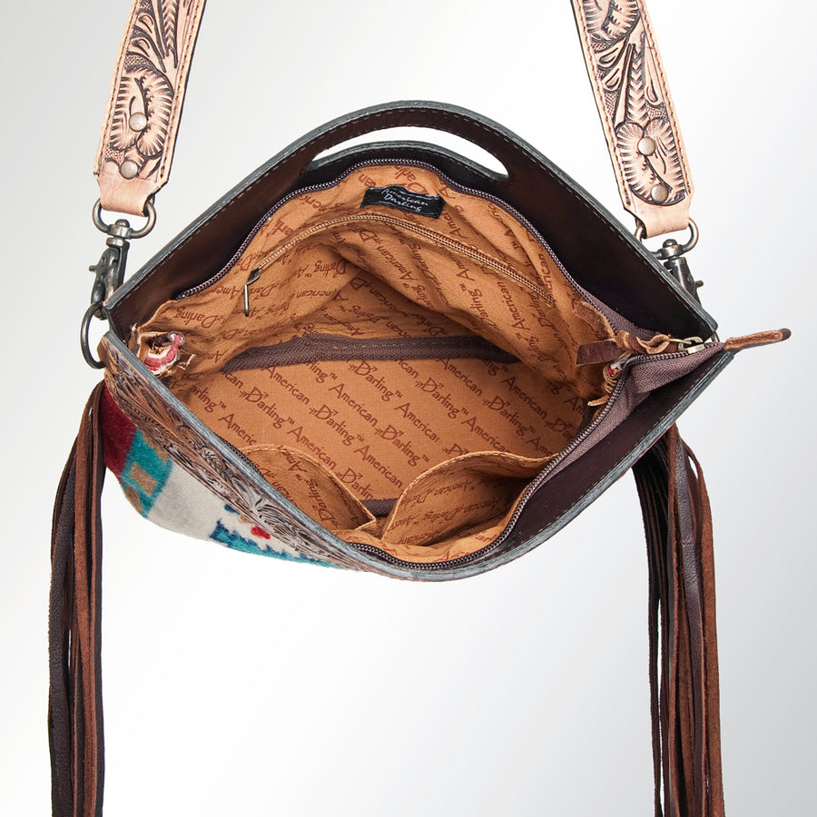 American Darling Western Clutch Bag Hand Tooled Floral Carved Hand Woven Saddle Blanket Leather Crossbody with Fringes