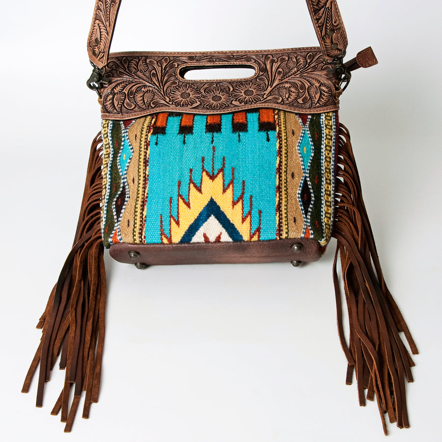American Darling Western Clutch Bag Hand Tooled Floral Carved Hand Woven Saddle Blanket Leather Crossbody with Fringes