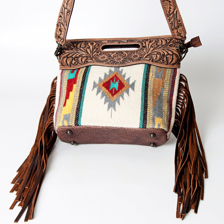 American Darling Western Clutch Bag Hand Tooled Floral Carved Hand Woven Saddle Blanket Leather Crossbody with Fringes