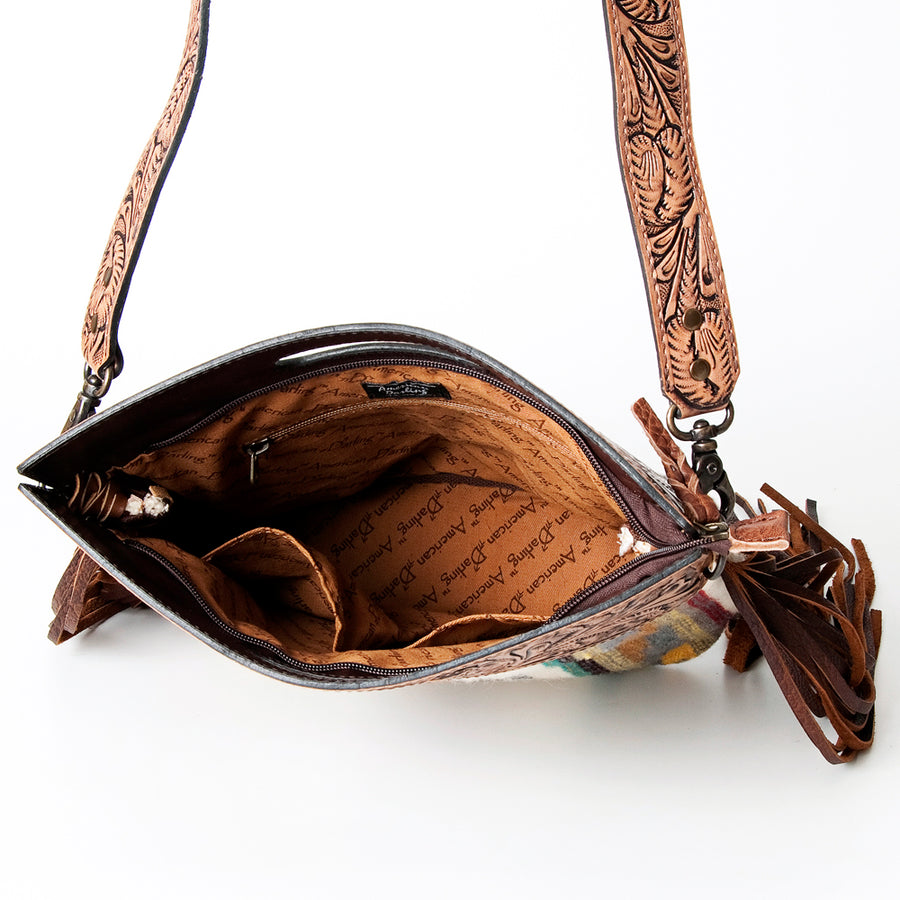 American Darling Western Clutch Bag Hand Tooled Floral Carved Hand Woven Saddle Blanket Leather Crossbody with Fringes