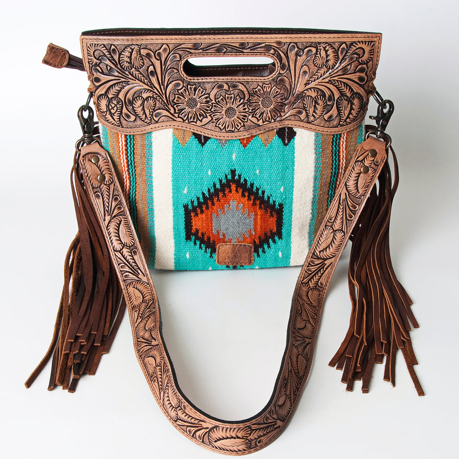 American Darling Western Clutch Bag Hand Tooled Floral Carved Hand Woven Saddle Blanket Leather Crossbody with Fringes