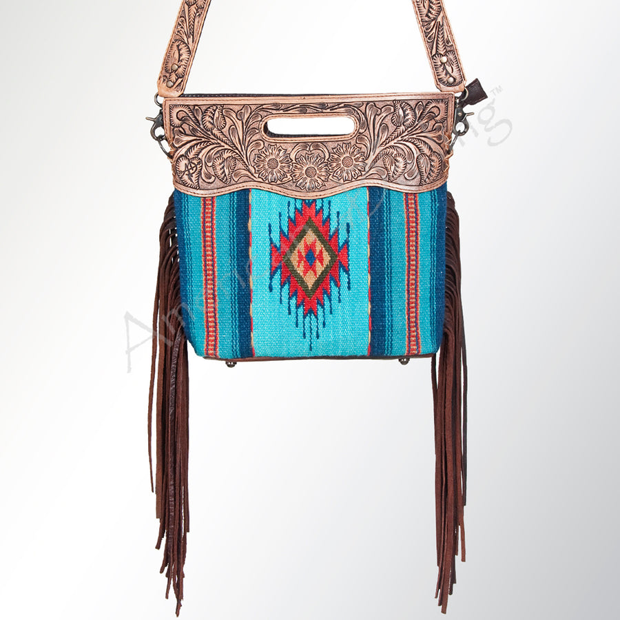 American Darling Western Clutch Bag Hand Tooled Floral Carved Hand Woven Saddle Blanket Leather Crossbody with Fringes