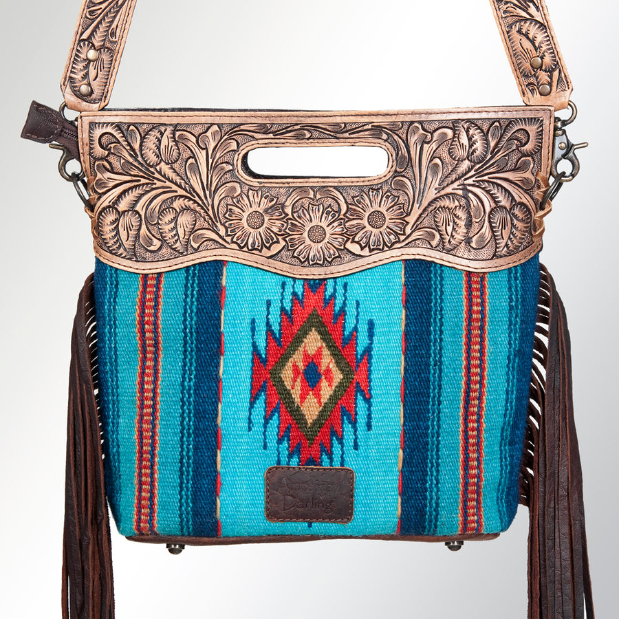 American Darling Western Clutch Bag Hand Tooled Floral Carved Hand Woven Saddle Blanket Leather Crossbody with Fringes