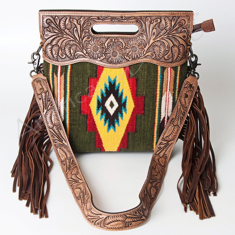 American Darling Western Clutch Bag Hand Tooled Floral Carved Hand Woven Saddle Blanket Leather Crossbody with Fringes