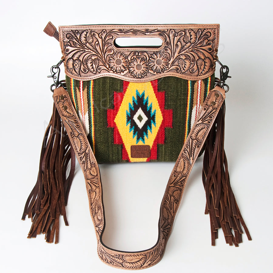 American Darling Western Clutch Bag Hand Tooled Floral Carved Hand Woven Saddle Blanket Leather Crossbody with Fringes