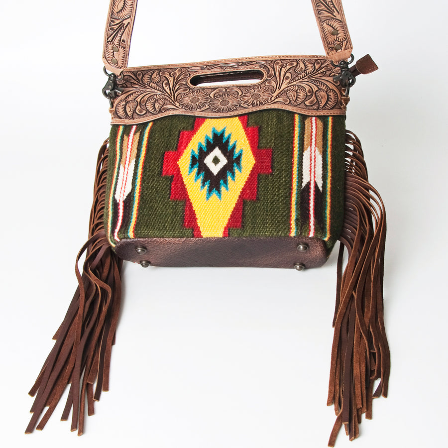 American Darling Western Clutch Bag Hand Tooled Floral Carved Hand Woven Saddle Blanket Leather Crossbody with Fringes